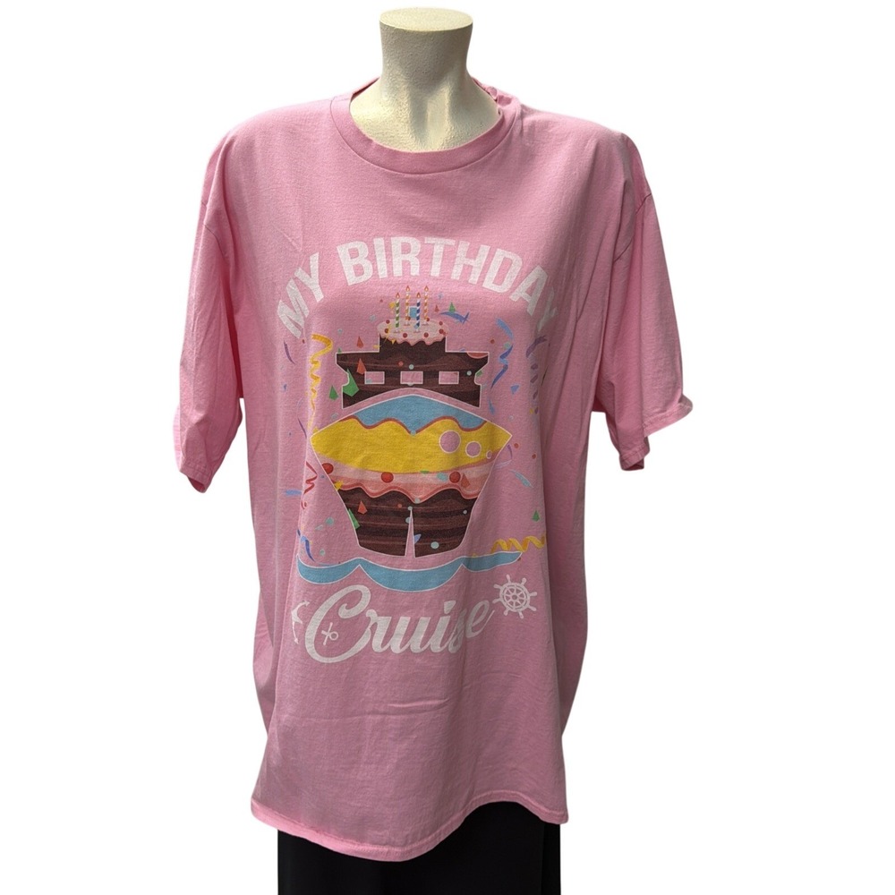 Port & Company My Birthday Cruise Pink Graphic T-Shirt 2XL Ring Spun Cotton